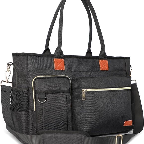 Water-Resistant Black Large Tote Bag for Women, Multiple Compartments, Fits 17-I - Picture 1 of 8
